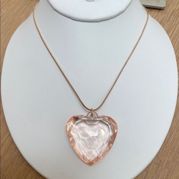 Urban Outfitters Oversized Clear Pink Heart Pendant Necklace on Gold Cord Chain - Picture 1 of 6